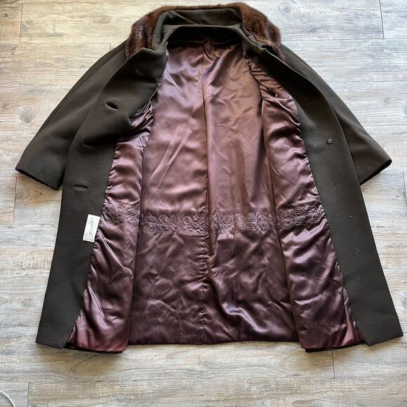 Vintage Trench Coat Women's Large Mink Fur Neck Brown Green 1950s Winter Button - Picture 4 of 14